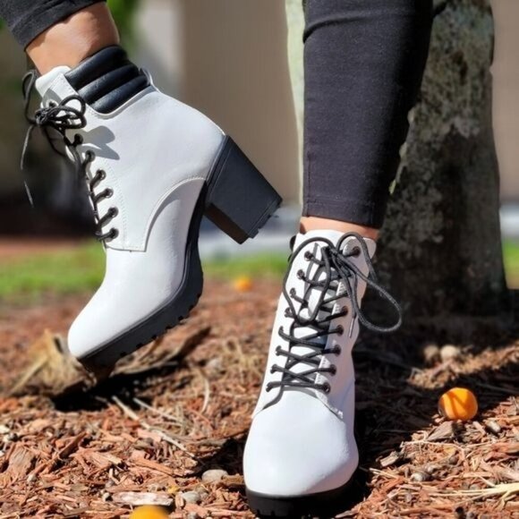 Women's White Chunky Block High Heel Ankle Booties - Picture 4 of 9